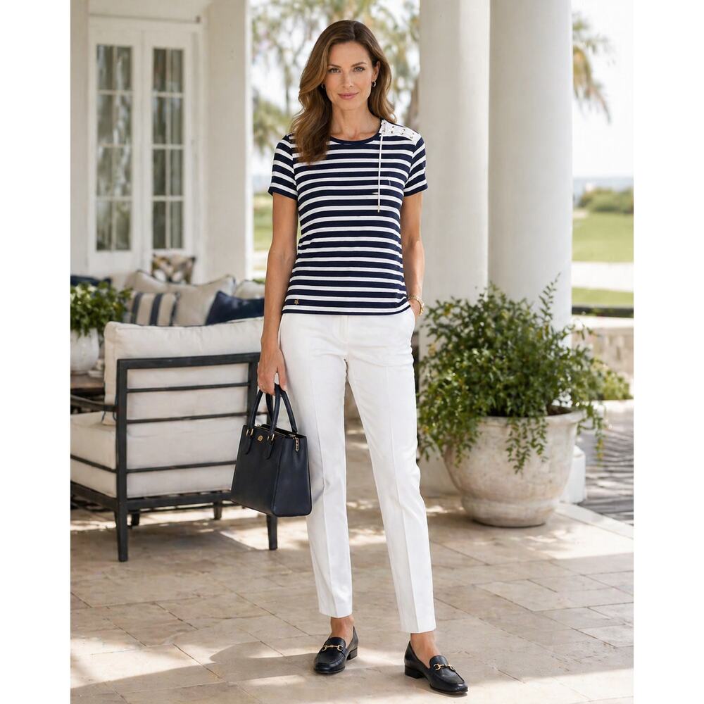 Lauren Ralph Lauren Womens Nautical Top Large Striped Short Sleeve Laced Coastal